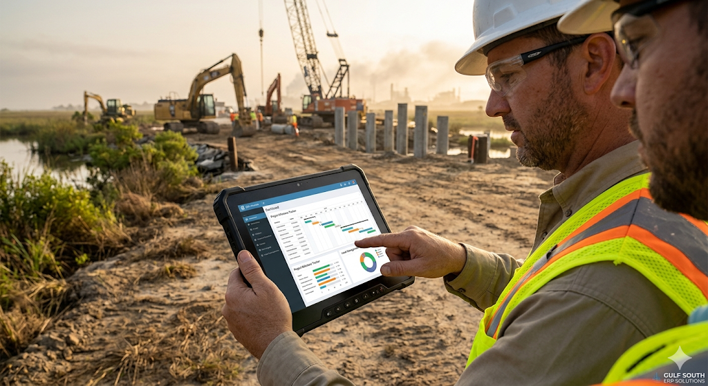 Field crew reviewing a project dashboard on a rugged tablet at a jobsite