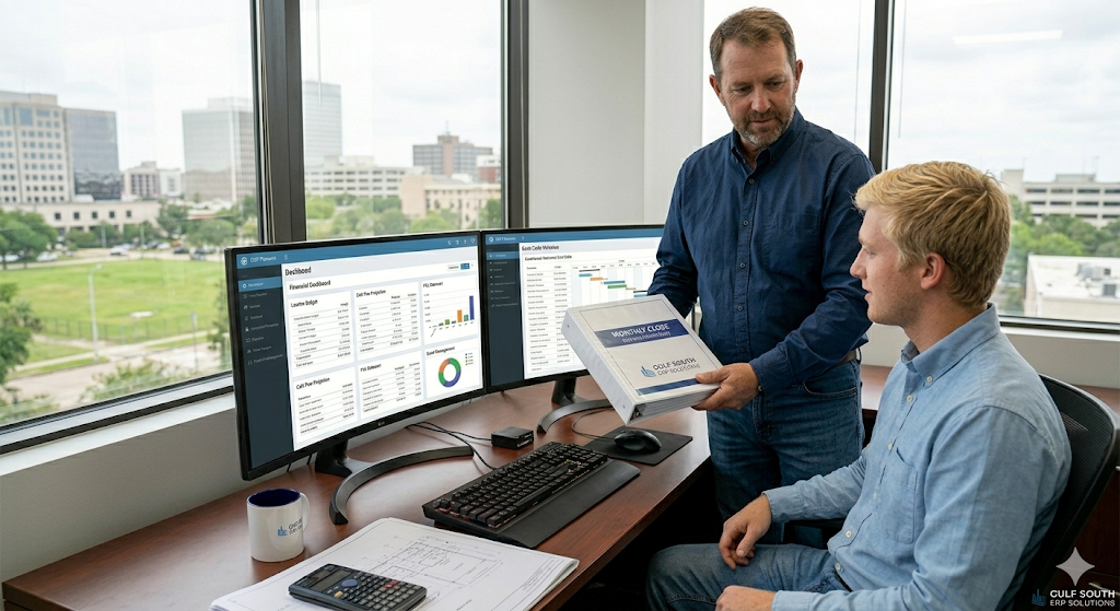 Controllers reviewing a monthly close binder at dual monitors