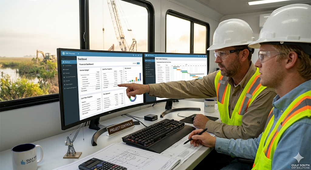 Project controls team at dual monitors in a jobsite trailer