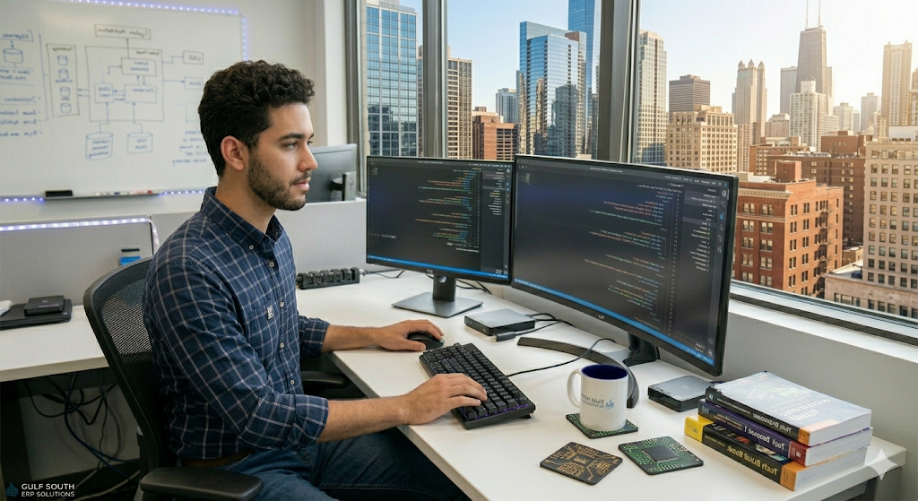 Developer writing code at dual monitors