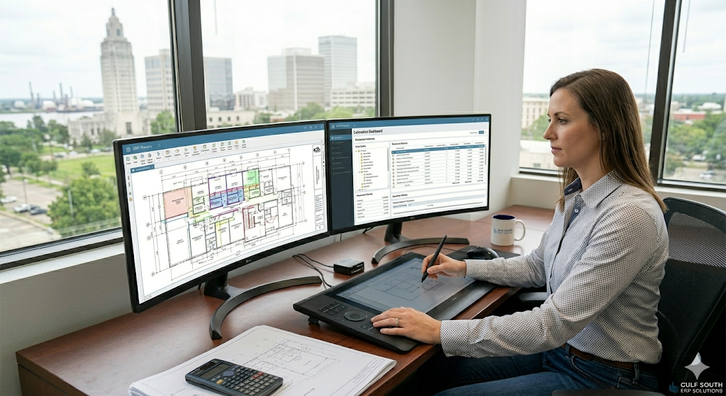 Estimator working takeoffs at dual monitors with a drawing tablet